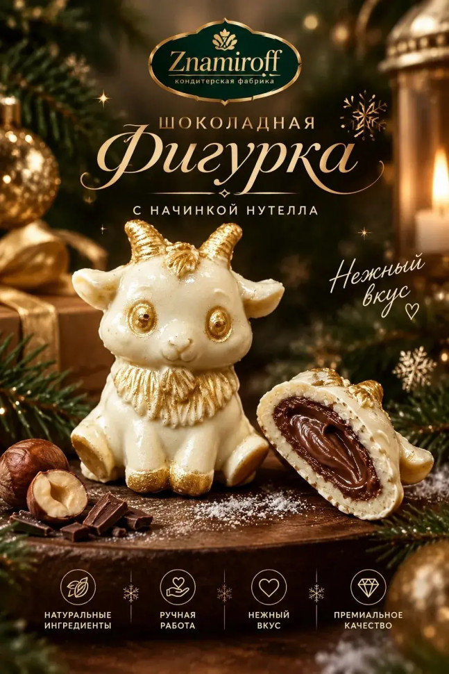 Шоколад фигурный "Мультяшный козлик" белый шоколад с начинкой нутелла(блок 5шт по 70г) в Чайковском
